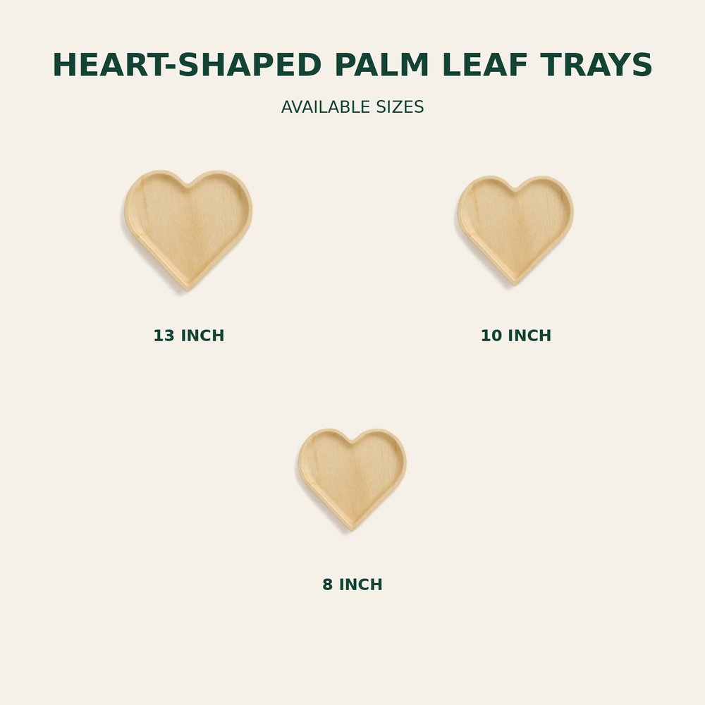 Heart Palm Leaf Trays – 13, 10, 8 Inch size guide showing available product dimensions