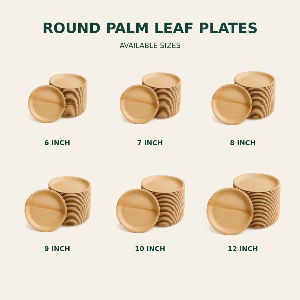 Round Palm Leaf Plates – 6, 7, 8, 9, 10, 12 Inch size guide showing available product dimensions
