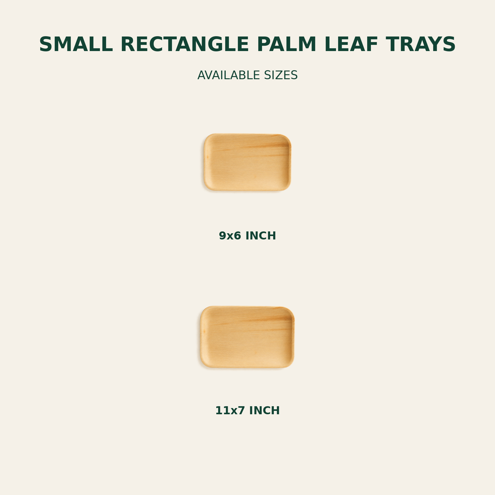 Small Rectangle Palm Leaf Trays – 9x6, 11x7 Inch size guide showing available product dimensions