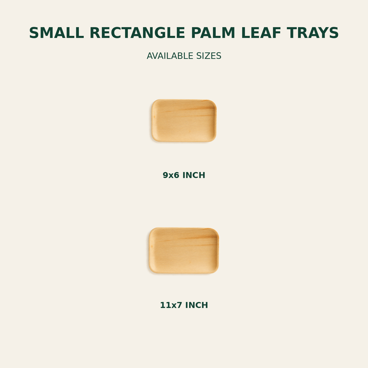 Small Rectangle Palm Leaf Trays – 9x6, 11x7 Inch size guide showing available product dimensions