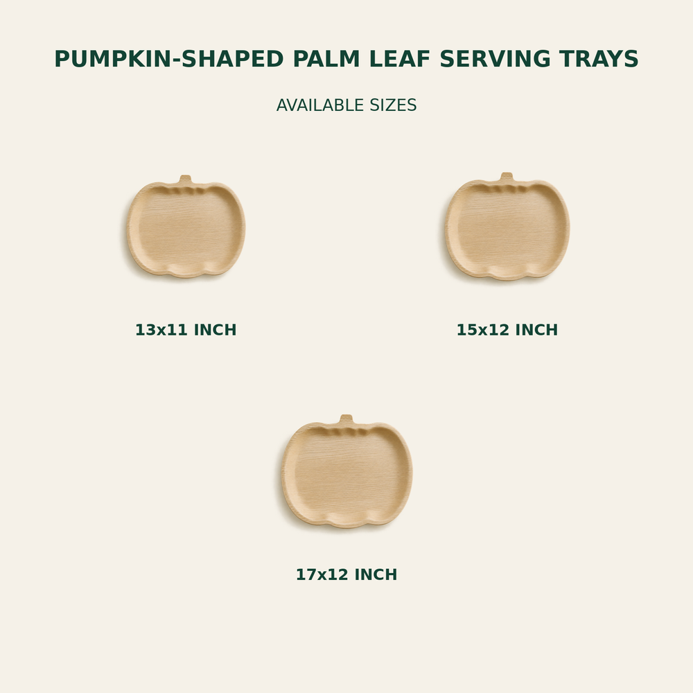 Pumpkin Palm Leaf Serving Trays – 13x11, 15x12, 17x12 Inch size guide showing available product dimensions