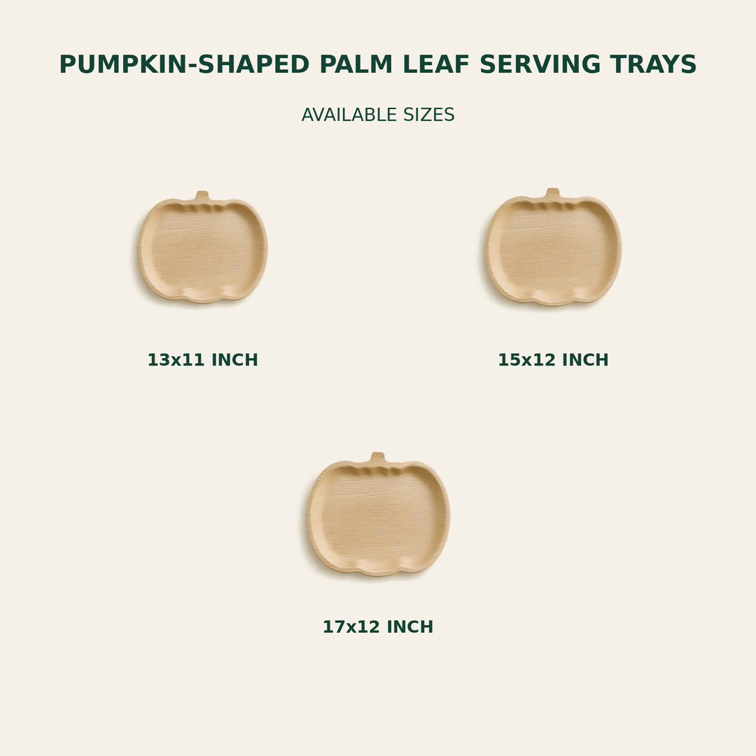 Pumpkin Palm Leaf Serving Trays – 13x11, 15x12, 17x12 Inch size guide showing available product dimensions