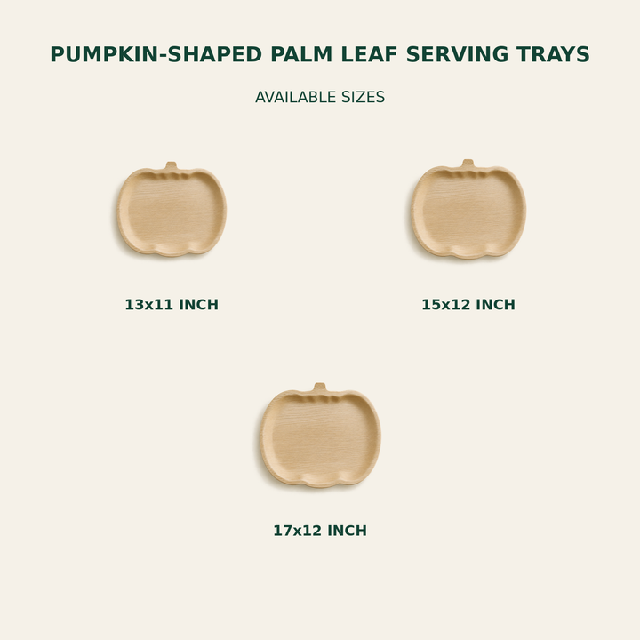Pumpkin Palm Leaf Serving Trays – 13x11, 15x12, 17x12 Inch size guide showing available product dimensions