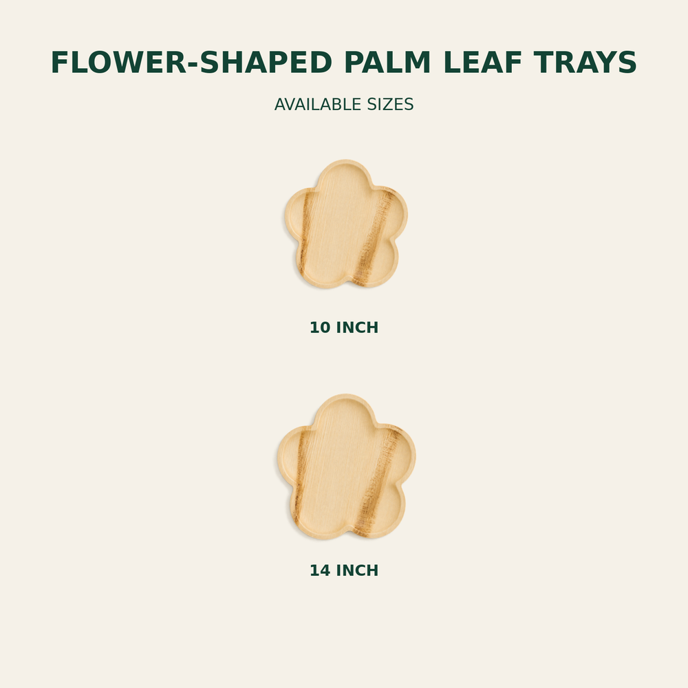 Flower Palm Leaf Trays – 10, 14 Inch size guide showing available product dimensions