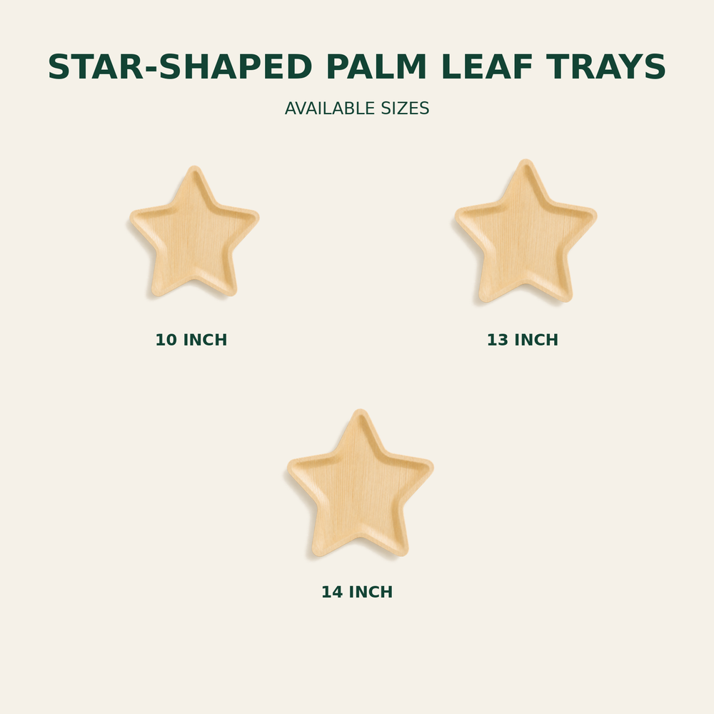 Star Palm Leaf Trays – 10, 13, 14 Inch size guide showing available product dimensions