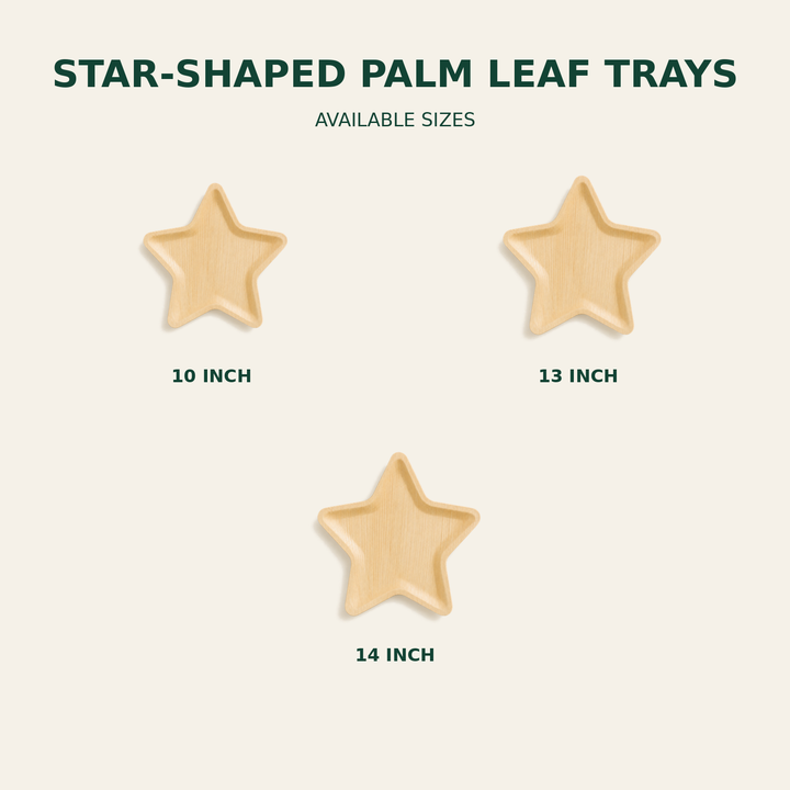 Star Palm Leaf Trays – 10, 13, 14 Inch size guide showing available product dimensions