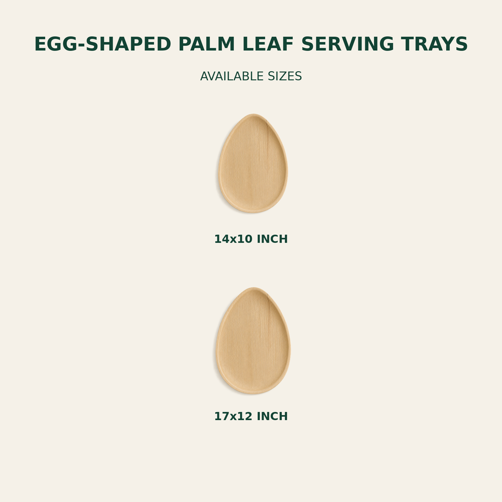 Egg-Shaped Palm Leaf Serving Trays – 14x10, 17x12 Inch size guide showing available product dimensions