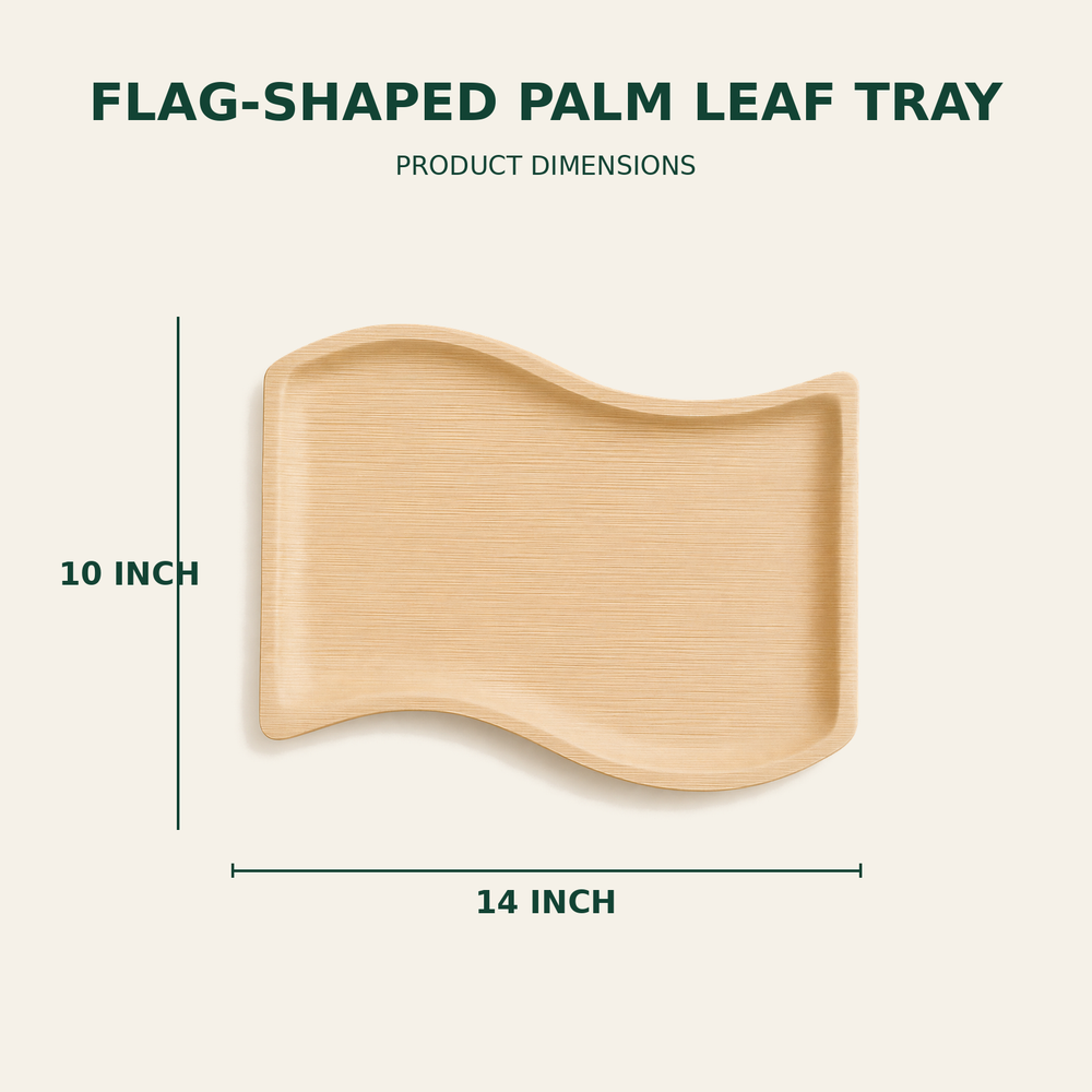Flag Palm Leaf Tray – 14x10 Inch size guide showing available product dimensions