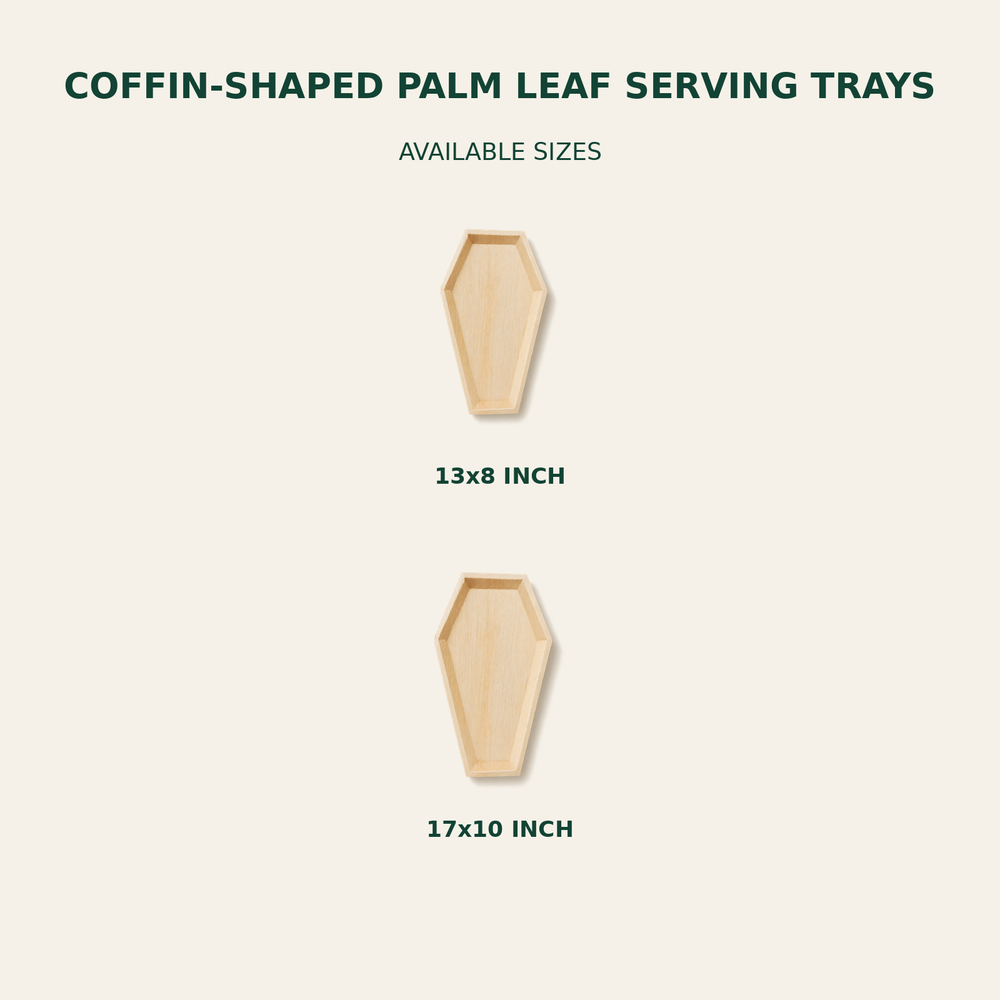 Coffin Palm Leaf Serving Trays – 13x8, 17x10 Inch size guide showing available product dimensions
