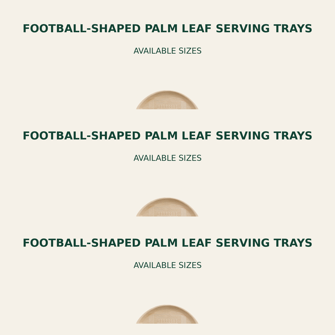 Football Palm Leaf Serving Trays – 14x8, 17x10 Inch size guide showing available product dimensions