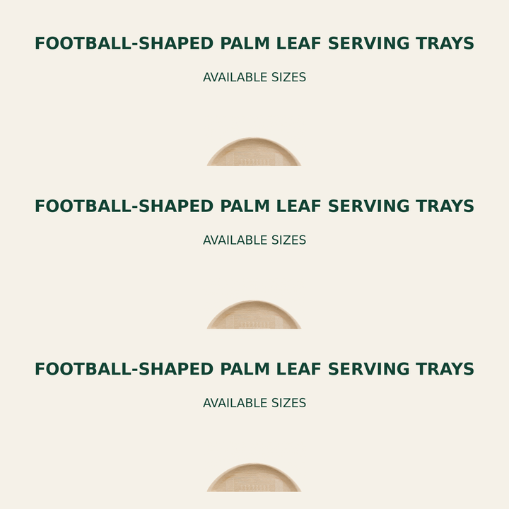 Football Palm Leaf Serving Trays – 14x8, 17x10 Inch size guide showing available product dimensions