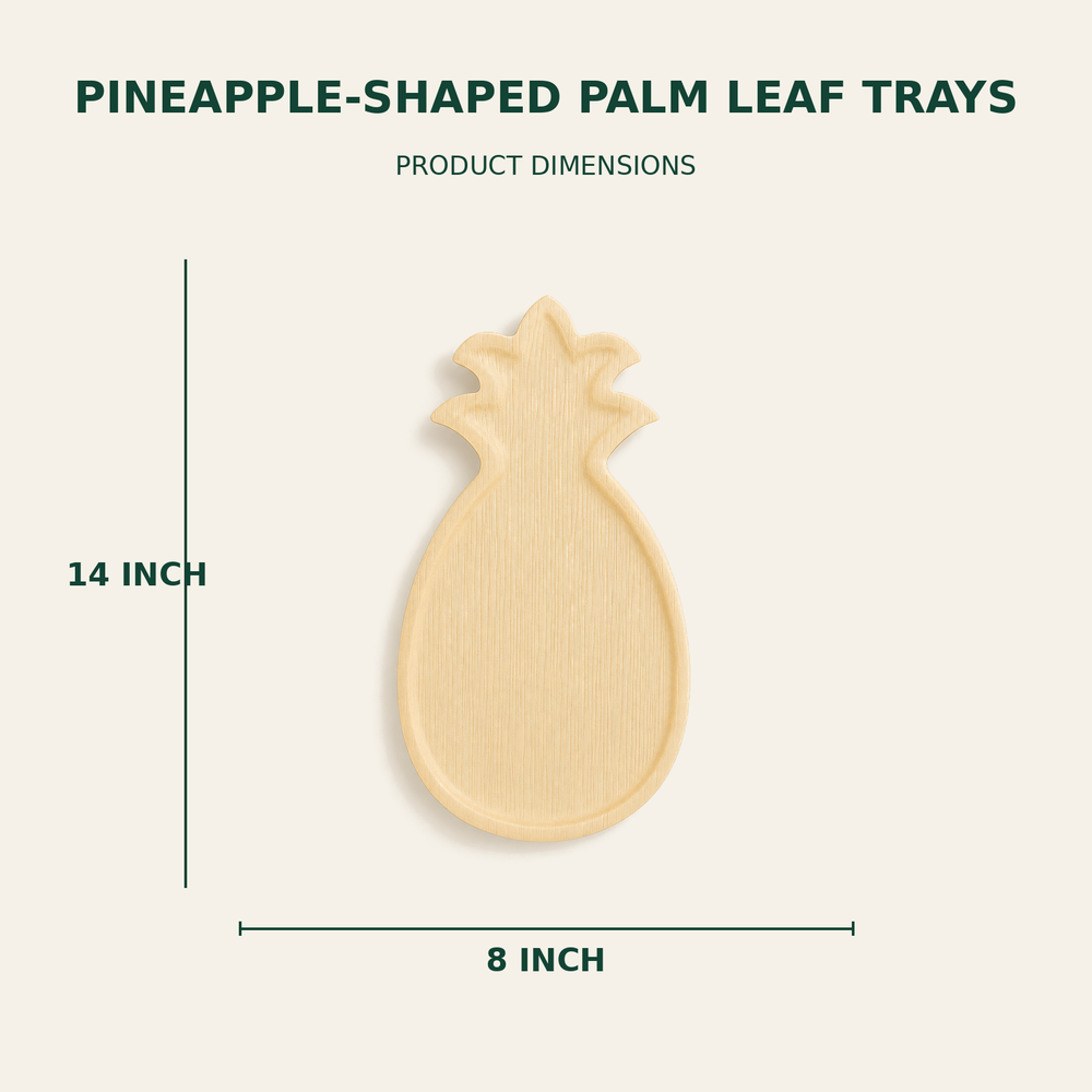 Pineapple Palm Leaf Trays – 14x8 Inch size guide showing available product dimensions