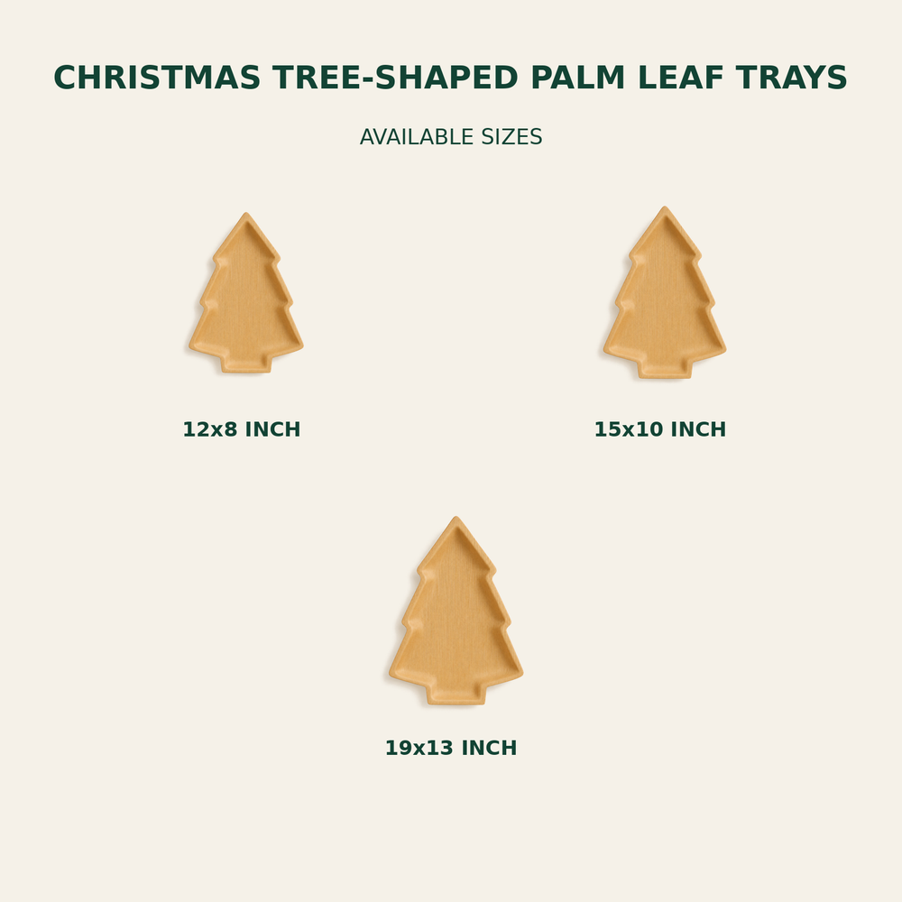 Christmas Tree Palm Leaf Trays – 12x8, 15x10, 19x13 Inch size guide showing available product dimensions