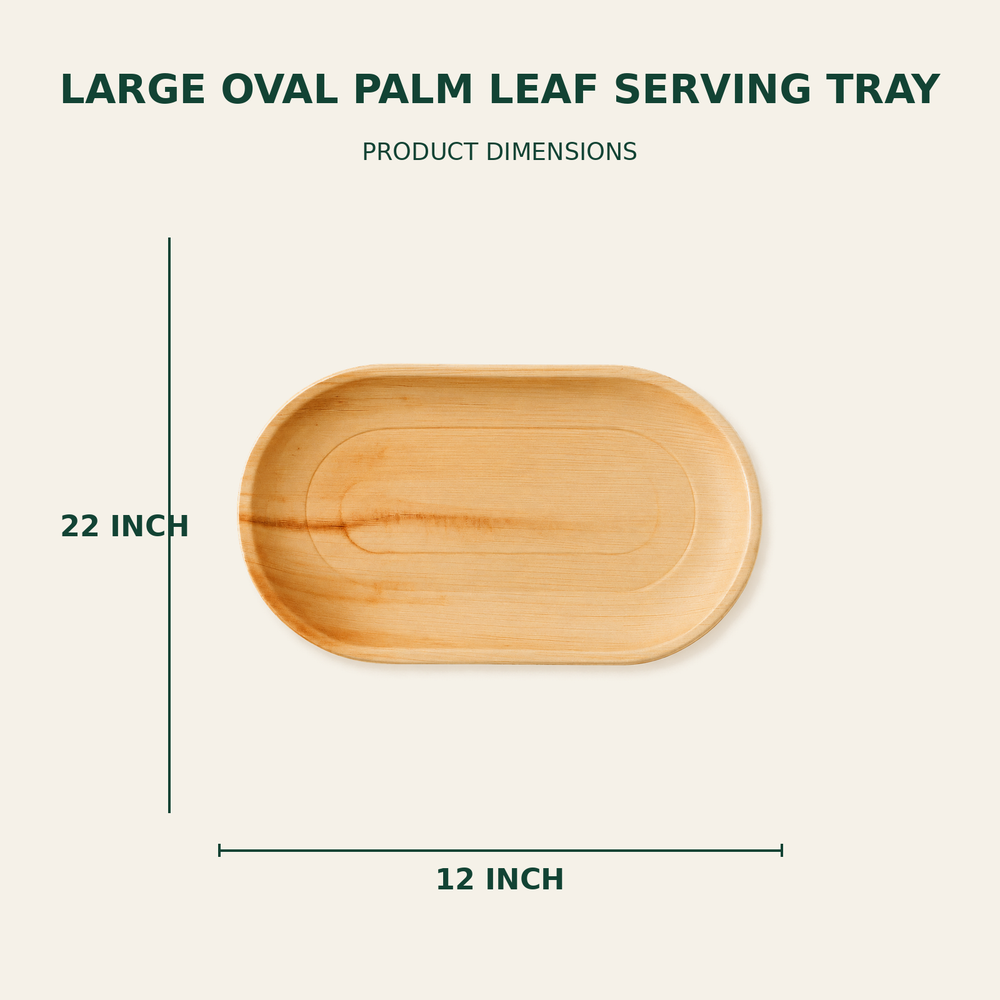 Large Oval Palm Leaf Serving Tray – 22x12 Inch size guide showing available product dimensions
