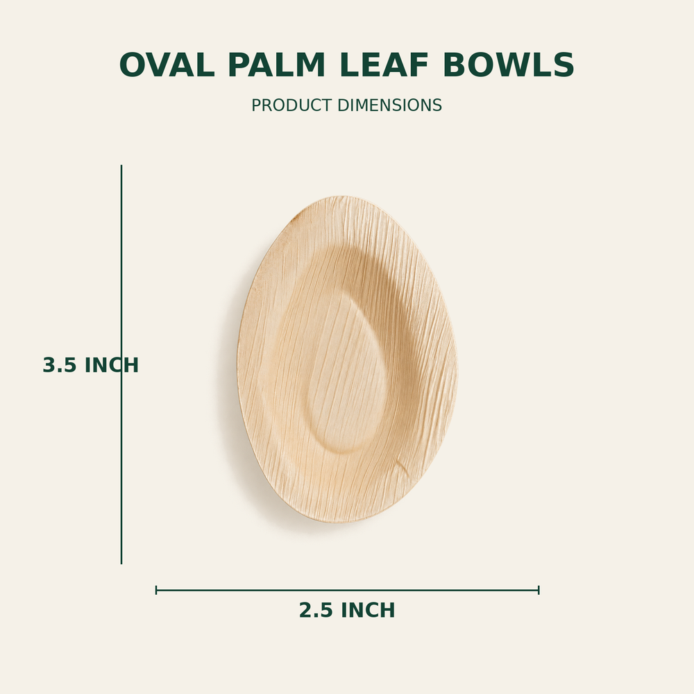 Oval Palm Leaf Bowls – 3.5x2.5 Inch size guide showing available product dimensions