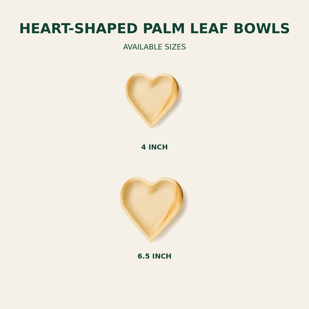 Heart Palm Leaf Bowls – 4, 6.5 Inch size guide showing available product dimensions