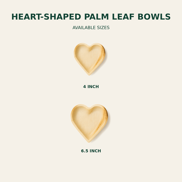 Heart Palm Leaf Bowls – 4, 6.5 Inch size guide showing available product dimensions