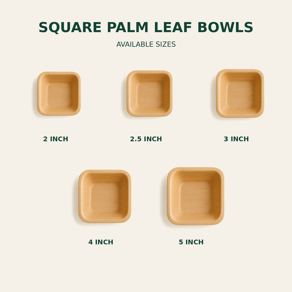 Square Palm Leaf Bowls – 2, 2.5, 3, 4, 5 Inch size guide showing available product dimensions