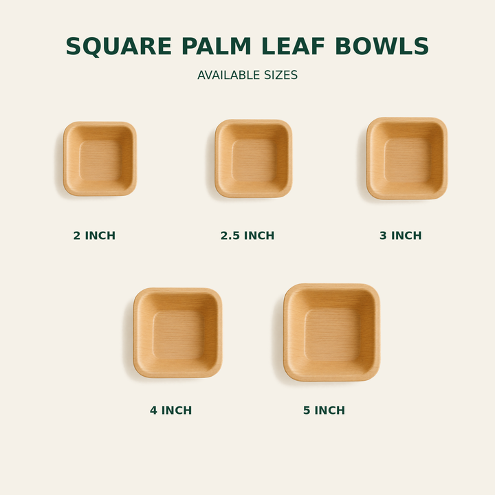 Square Palm Leaf Bowls – 2, 2.5, 3, 4, 5 Inch size guide showing available product dimensions