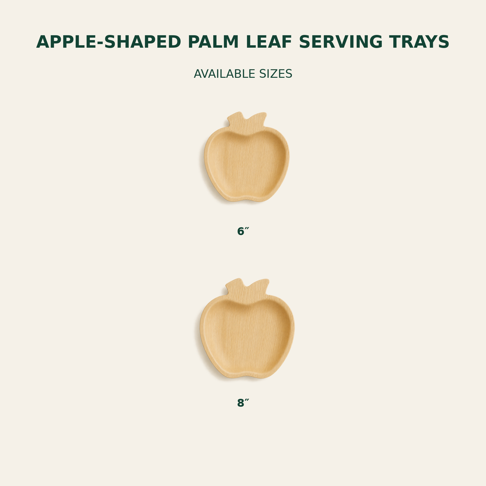 Apple Palm Leaf Serving Trays – 6, 8 Inch size guide showing available product dimensions