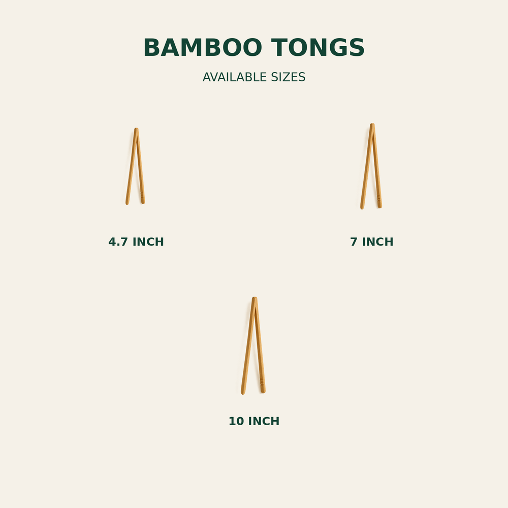 Bamboo Tongs – 4.7, 7, 10 Inch size guide showing available product dimensions