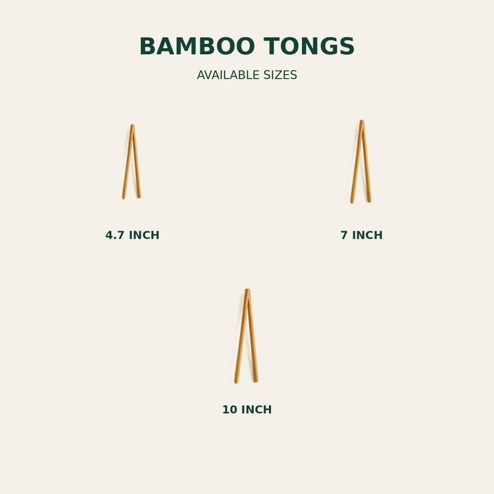 Bamboo Tongs – 4.7, 7, 10 Inch size guide showing available product dimensions