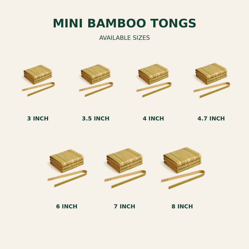 Mini Bamboo Tongs – 3, 3.5, 4, 4.7, 6, 7, 8 Inch size guide showing available product dimensions