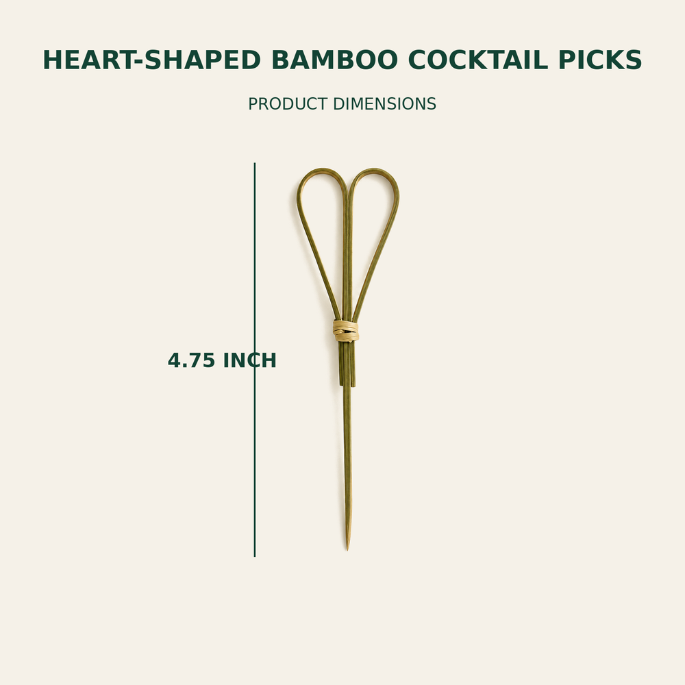 Heart-Shaped Bamboo Cocktail Picks – 4.75 Inch size guide showing available product dimensions