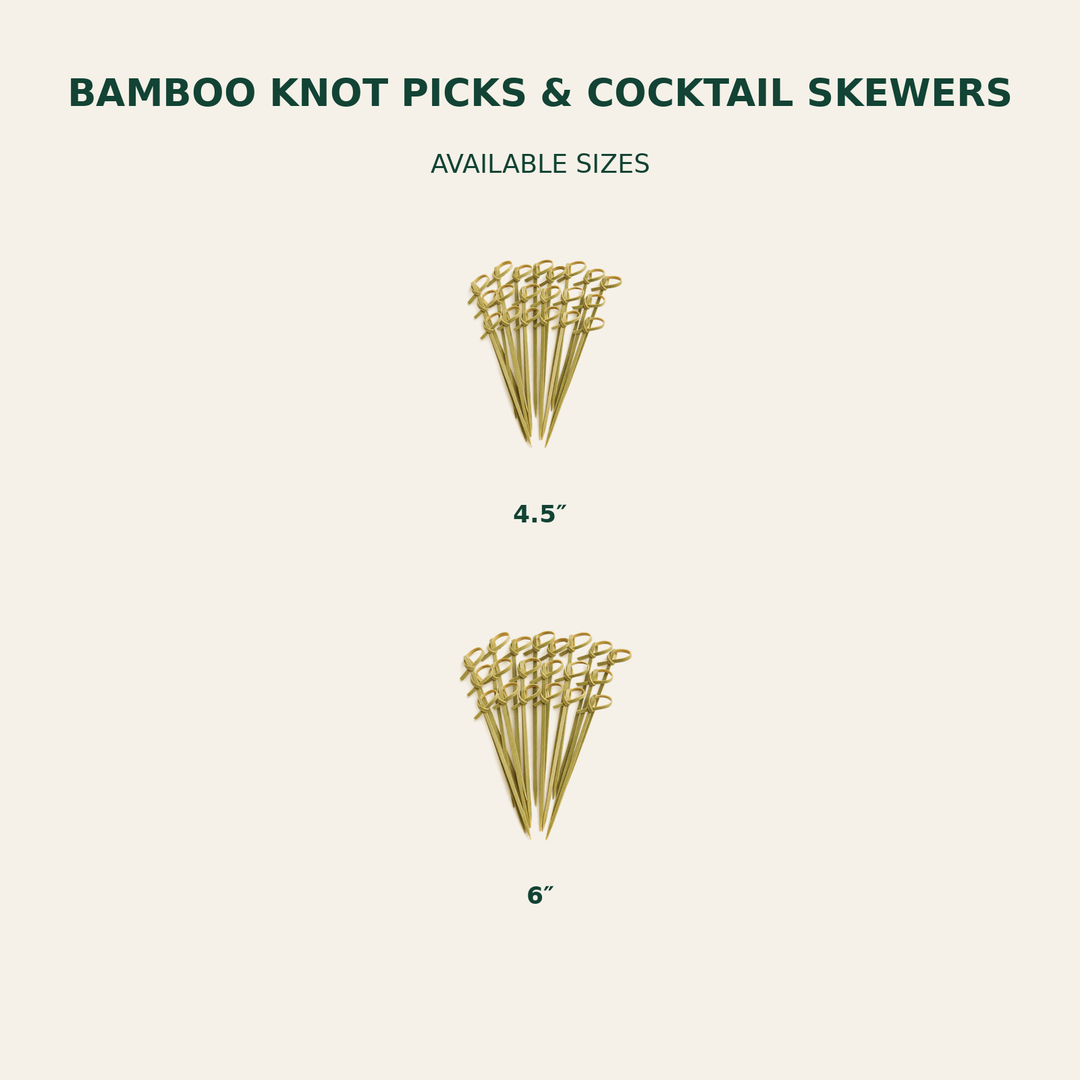 Bamboo Knot Picks & Cocktail Skewers – 4.5, 6 Inch size guide showing available product dimensions
