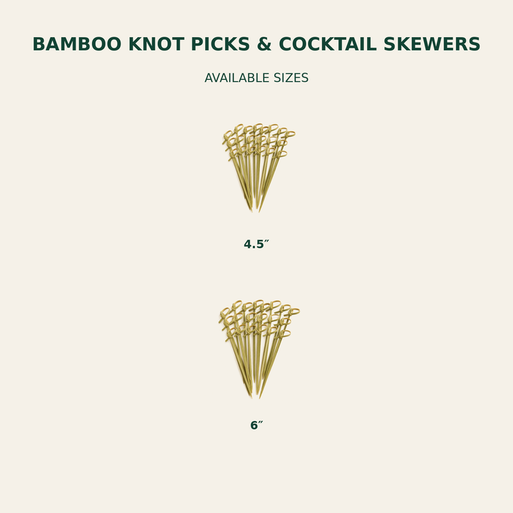 Bamboo Knot Picks & Cocktail Skewers – 4.5, 6 Inch size guide showing available product dimensions