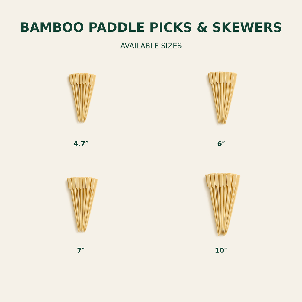 Bamboo Paddle Picks & Skewers – 4.7, 6, 7, 10 Inch size guide showing available product dimensions
