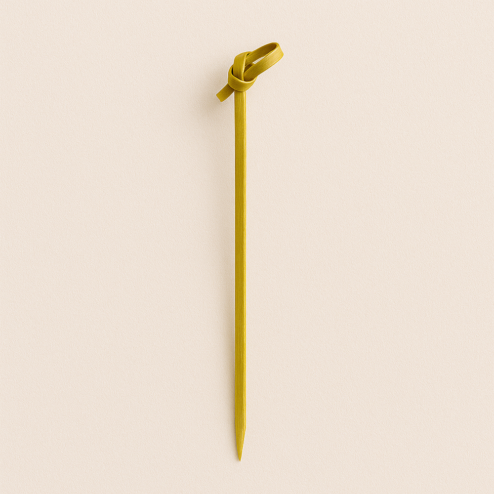 Biodegradable bamboo skewers with knot top used for catering, parties, and cocktail presentations
