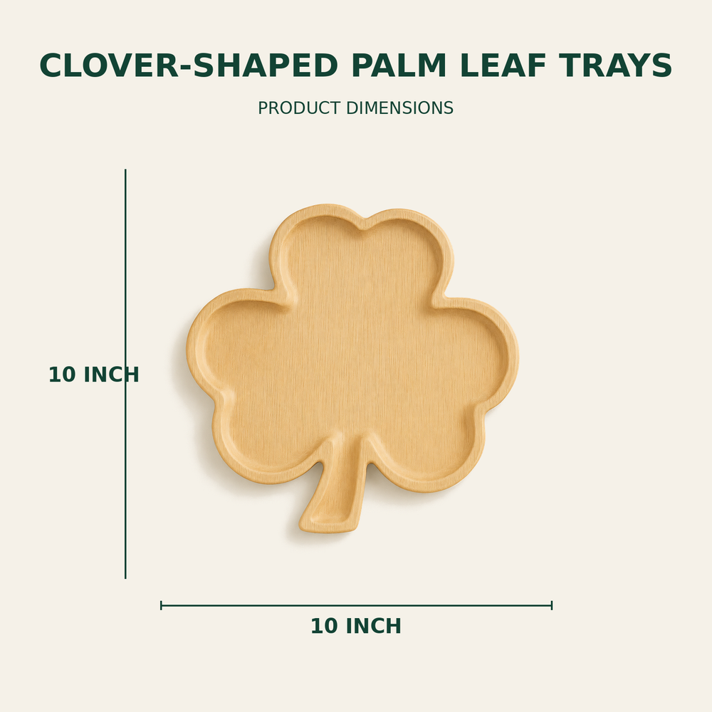 Clover Palm Leaf Trays – 10x10 Inch size guide showing available product dimensions