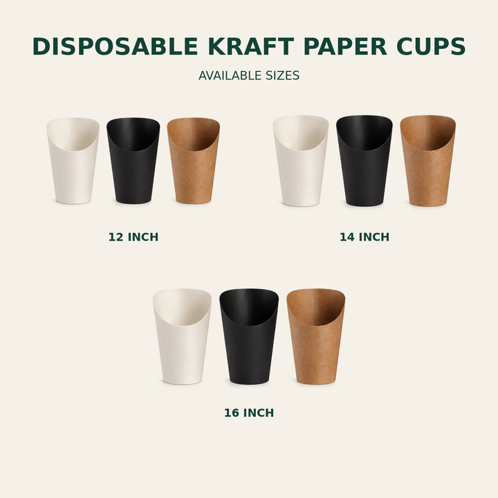 Disposable Kraft Paper Cups – 12oz, 14oz, 16oz size guide showing available product dimensions