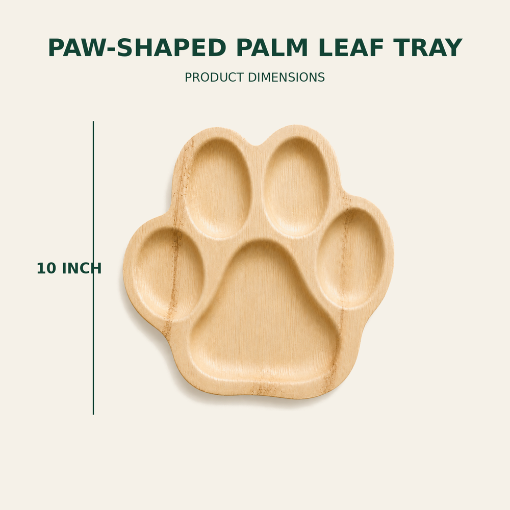 Paw Palm Leaf Tray – 10 Inch size guide showing available product dimensions