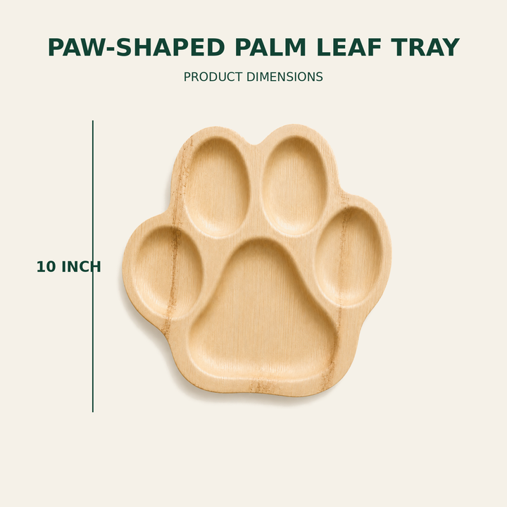 Paw Palm Leaf Tray – 10 Inch size guide showing available product dimensions