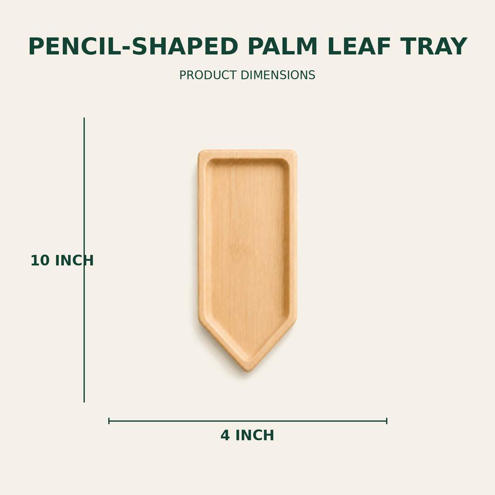 Pencil Palm Leaf Tray – 10x4 Inch size guide showing available product dimensions