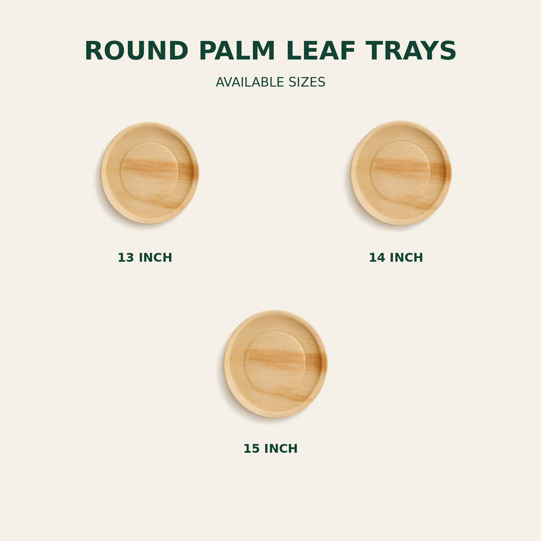 Round Palm Leaf Trays – 13, 14, 15 Inch size guide showing available product dimensions
