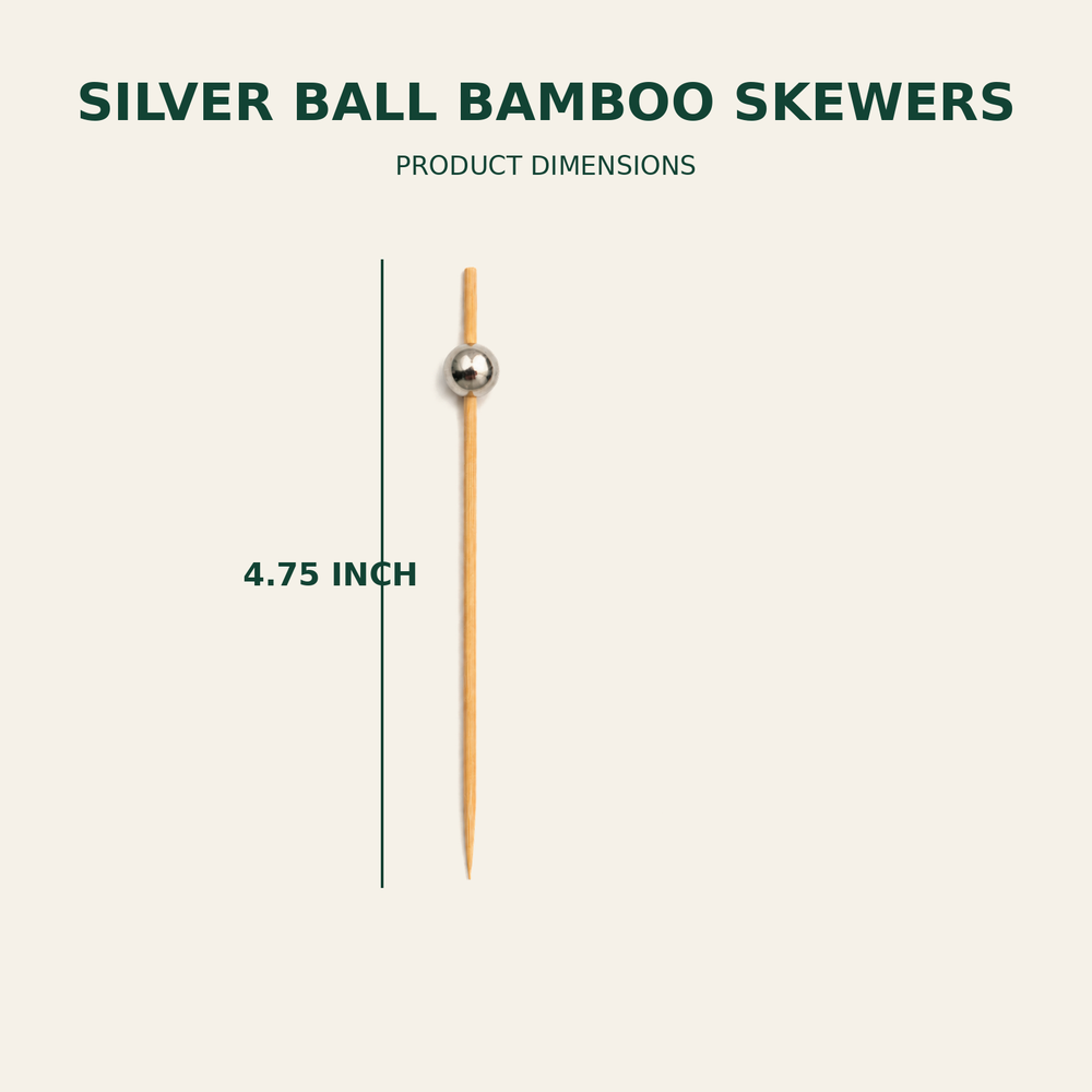 Silver Ball Bamboo Skewers – 4.75 Inch size guide showing available product dimensions