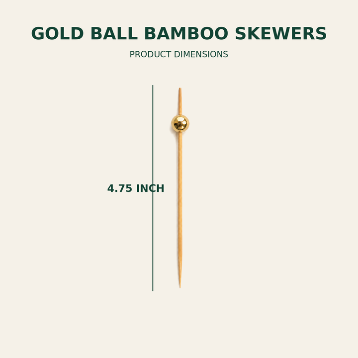 Gold Ball Bamboo Skewers – 4.75 Inch size guide showing available product dimensions