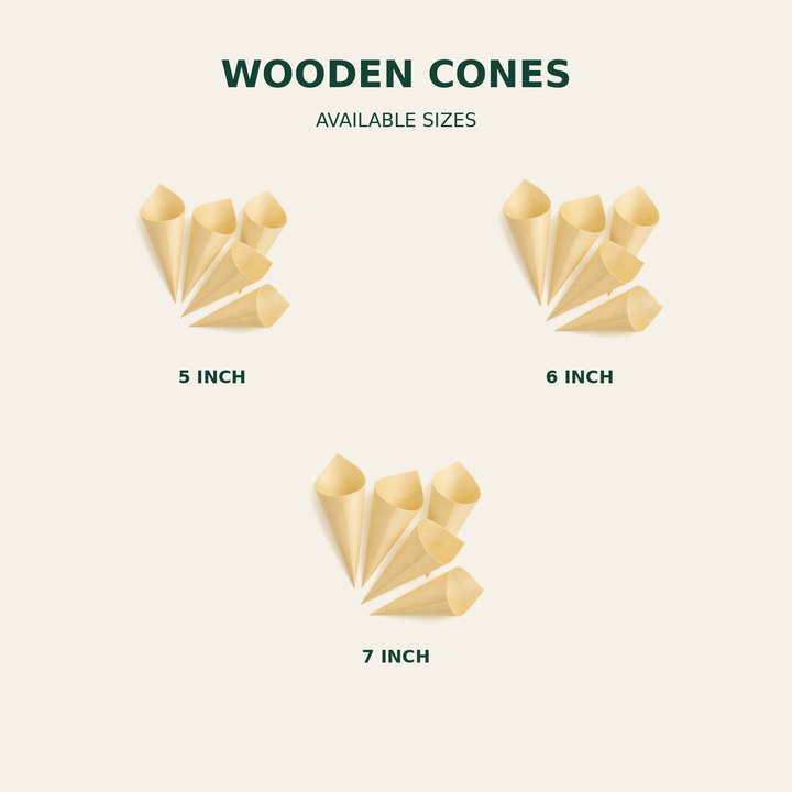 Wooden Cones – 5, 6, 7 Inch size guide showing available product dimensions