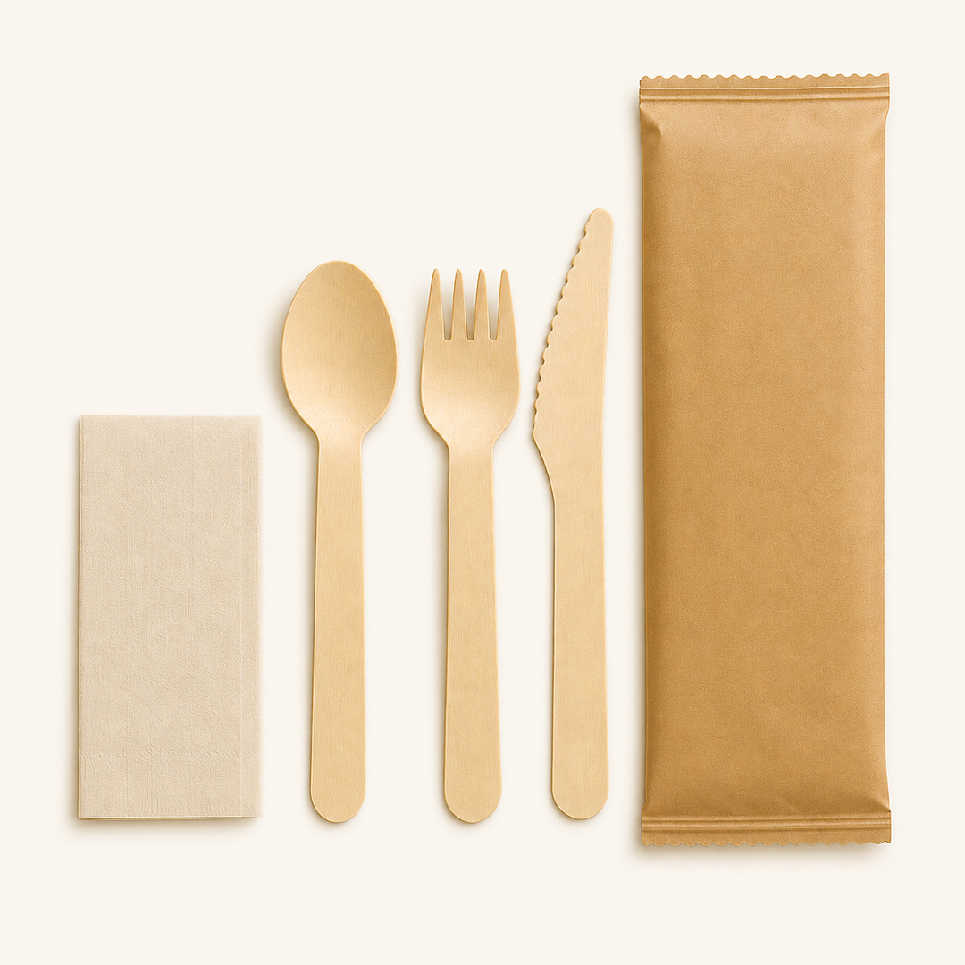 Wooden Cutlery Set with Napkin – 25 Count by Tia Leaf