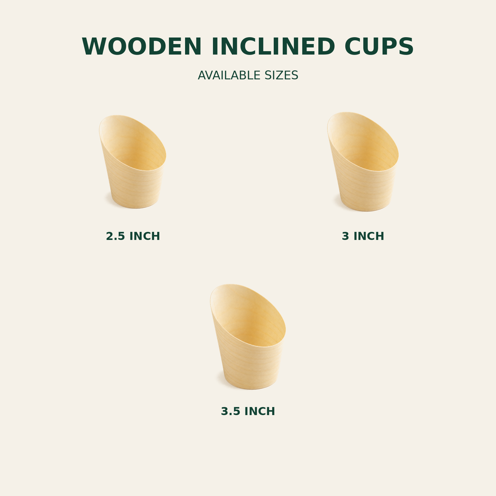 Wooden Inclined Cups – 2.5, 3, 3.5 Inch size guide showing available product dimensions