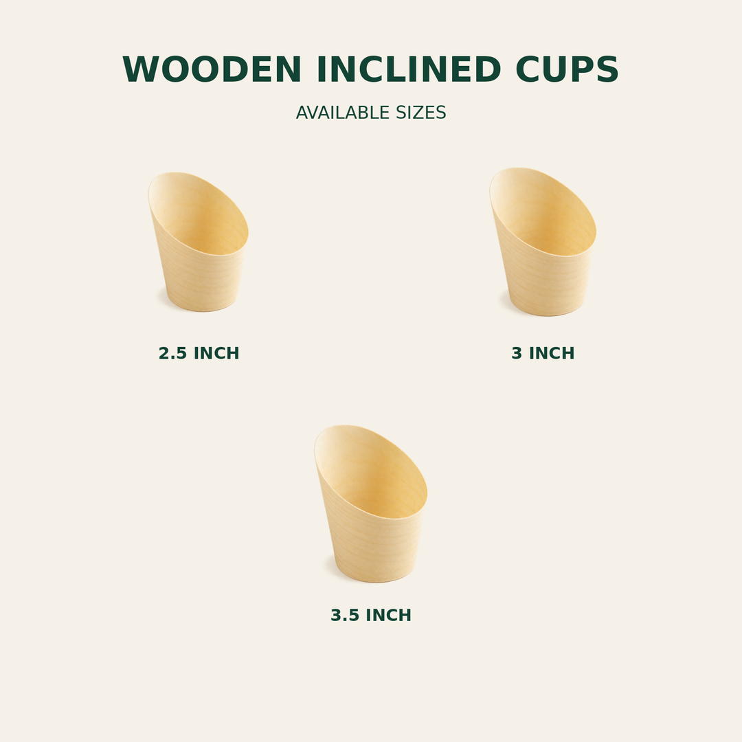 Wooden Inclined Cups – 2.5, 3, 3.5 Inch size guide showing available product dimensions