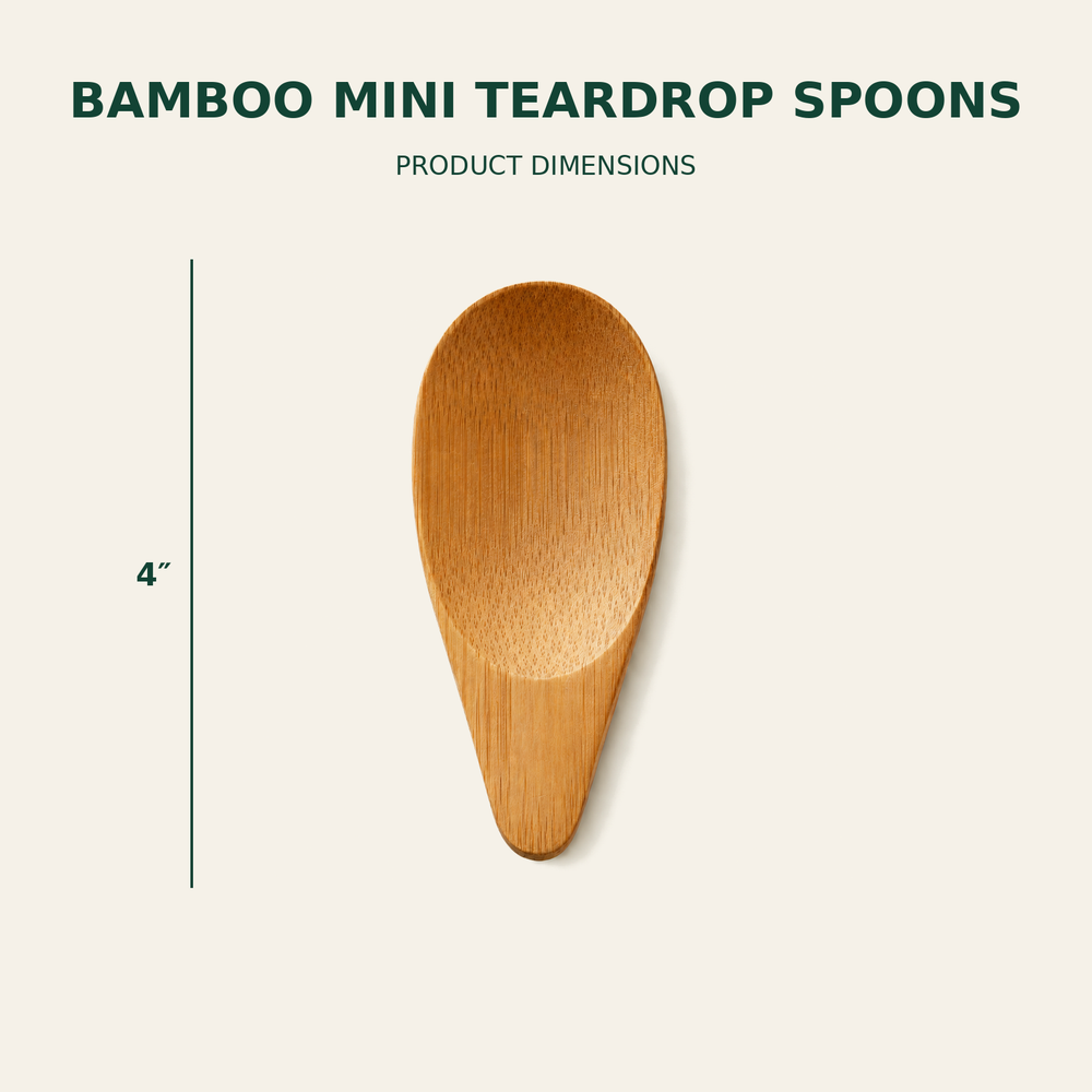 Bamboo Mini Teardrop Spoons – 4 Inch size guide showing available product dimensions