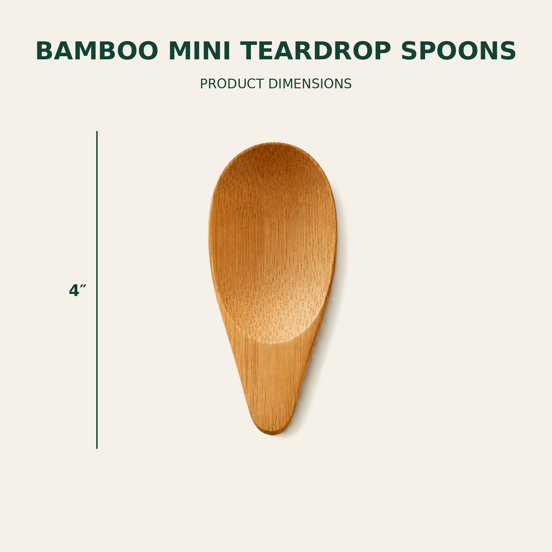 Bamboo Mini Teardrop Spoons – 4 Inch size guide showing available product dimensions