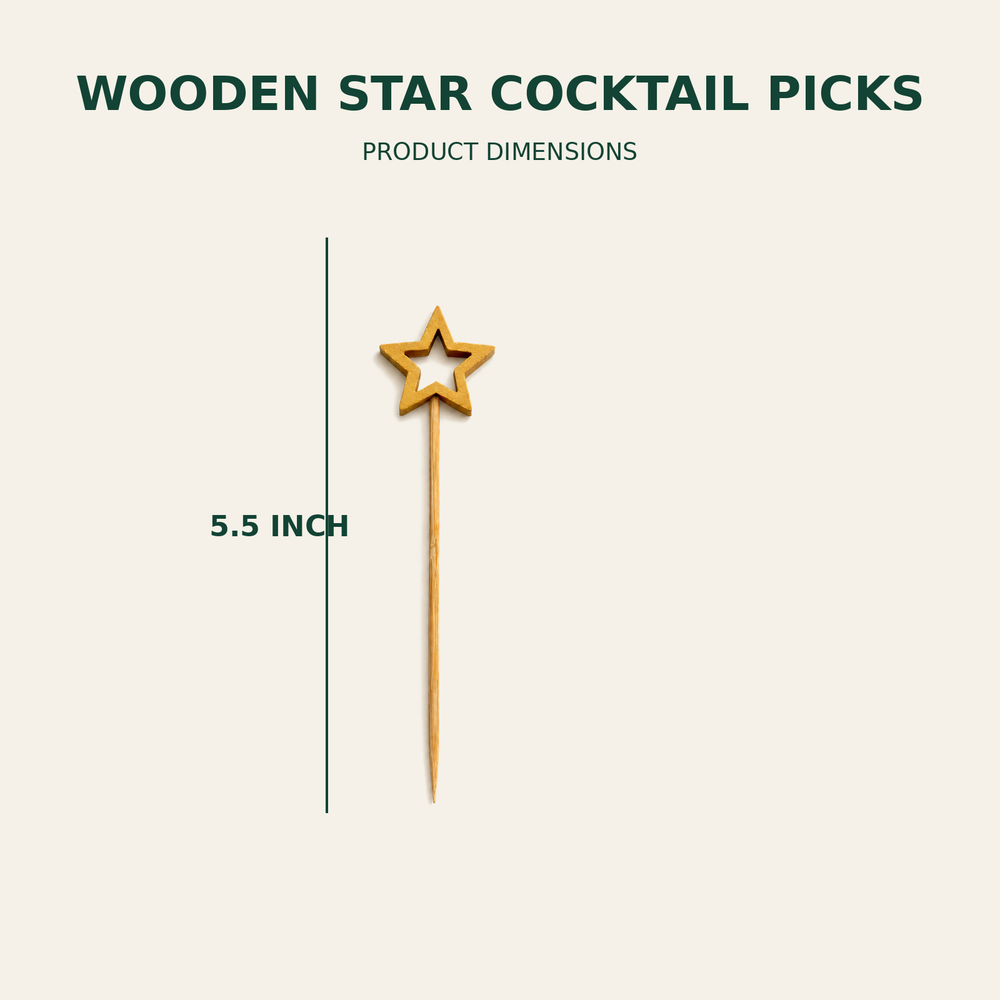 Wooden Star Cocktail Picks – 5.5 Inch size guide showing available product dimensions